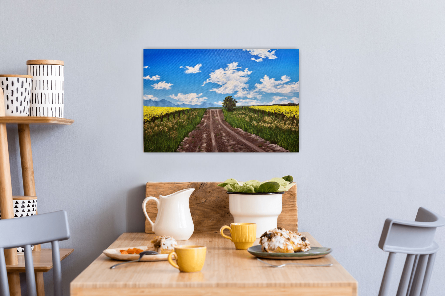 Christina Gouldsborough - Golden Foothills Pathway - 16-24 Oil on canvas landscape painting over a kitchen table with breakfast on it