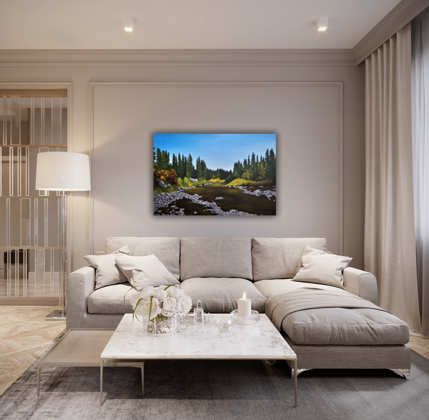 Intermission - An original landscape painting by Christina Gouldsborough Canadian Landscape Artist, behind a beige sectional in a modern home