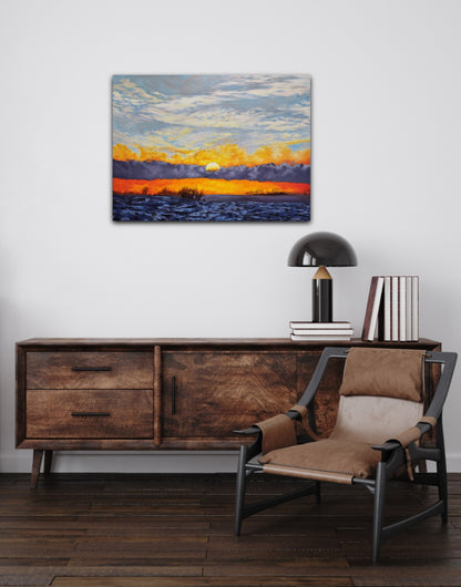 Unveiling Dawn, an original oil painting of a winter sunrise over the prairies on a white painted wall