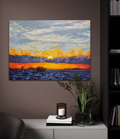 Unveiling Dawn, an original oil painting of a winter sunrise over the prairies on a mauve painted wall