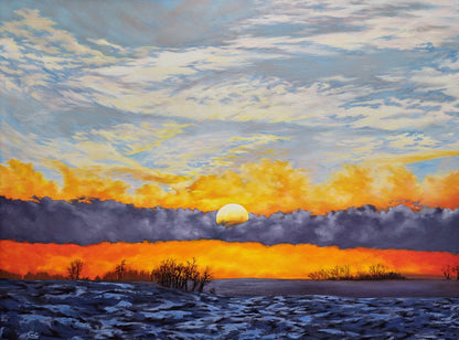Unveiling Dawn, an original oil painting of a winter sunrise over the prairies
