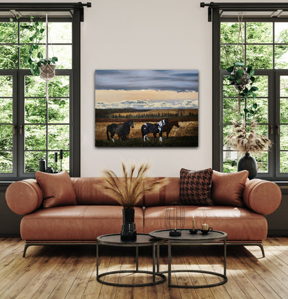 Modern living room with a brown leather sofa, round coffee tables, and a horse painting on the wall.