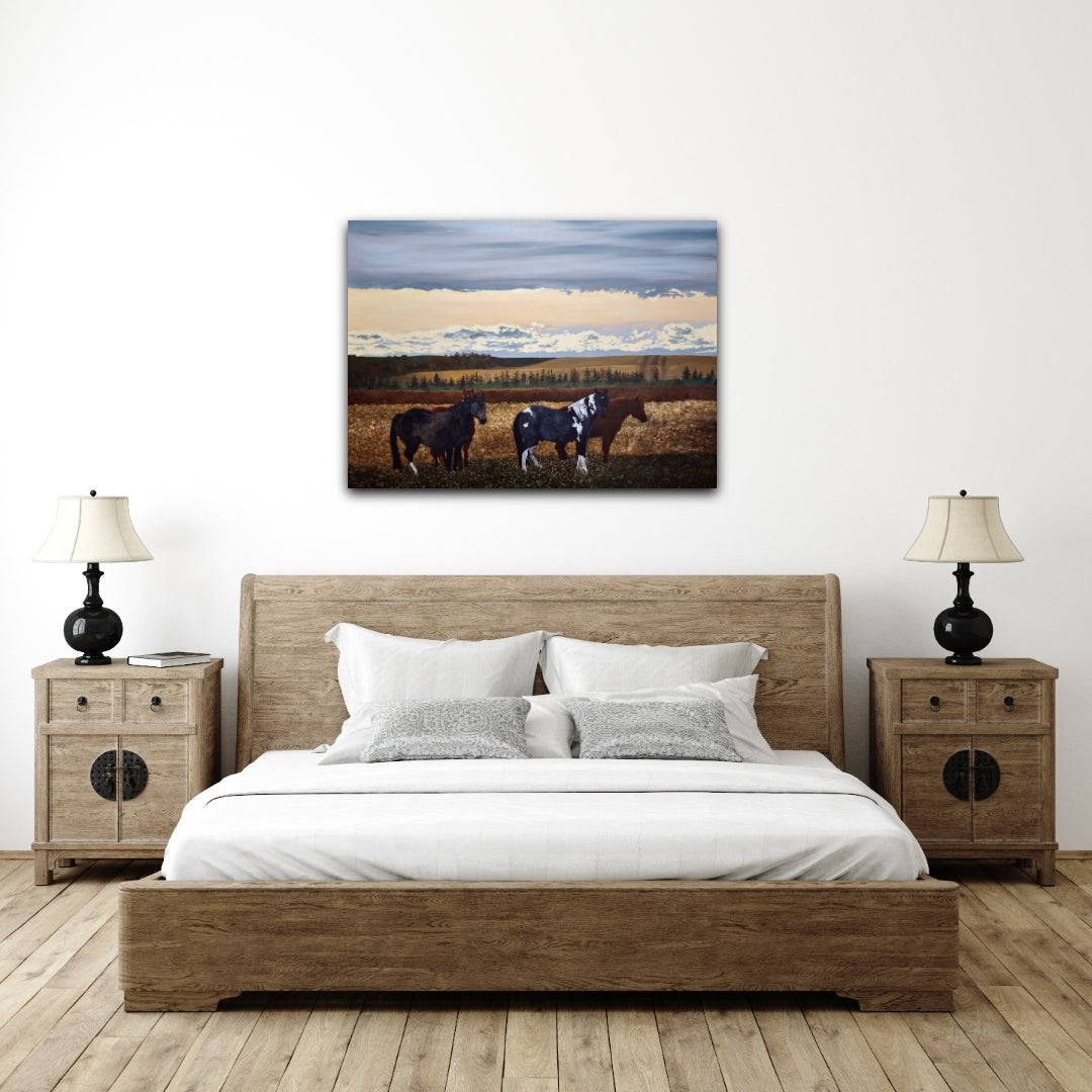 Bedroom with wooden bed and nightstands, featuring a painting of horses on the wall.