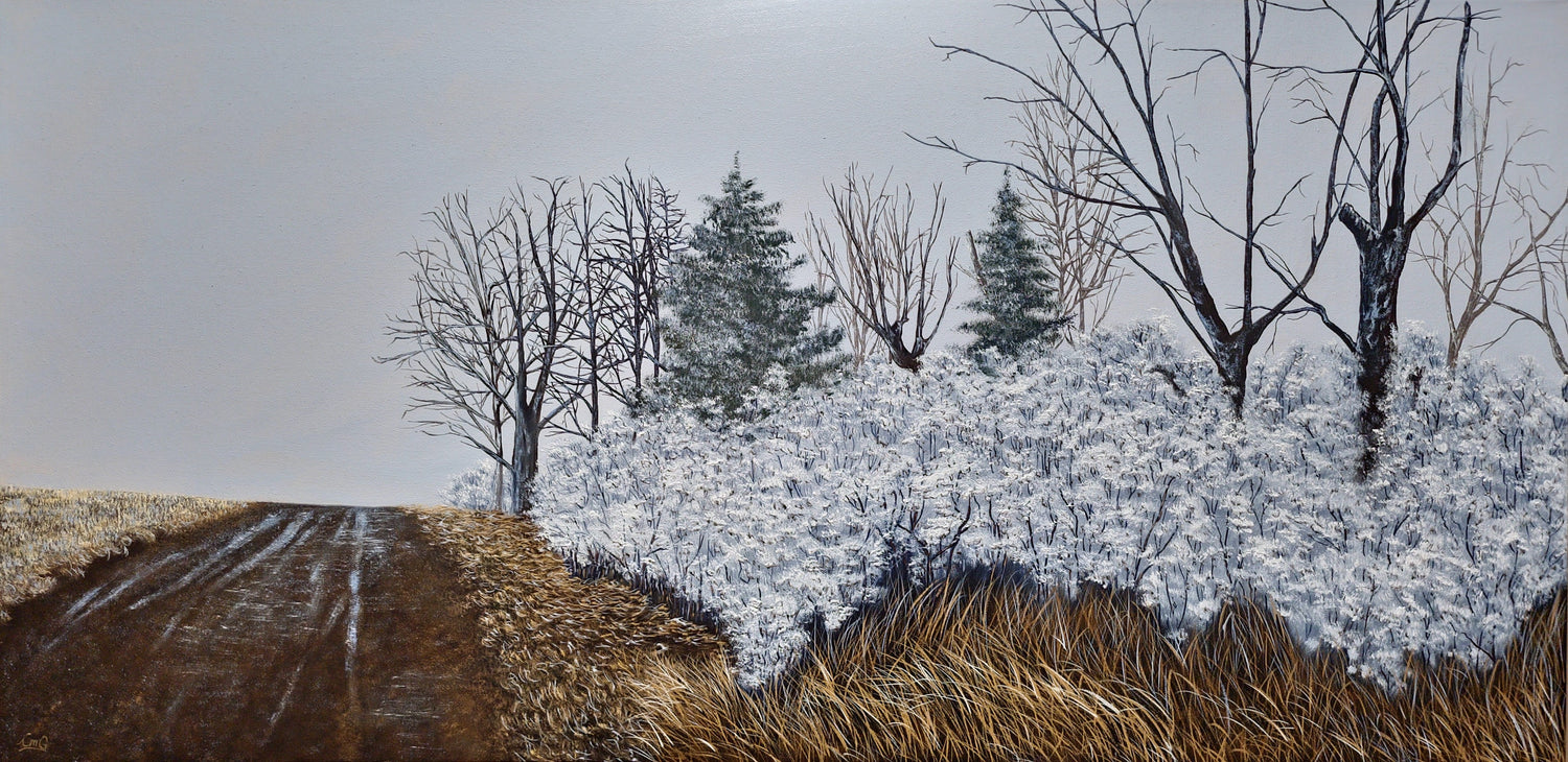 Take the Dirt Road -18"x36" Oil Winter landscape painting with snow-covered trees and a road