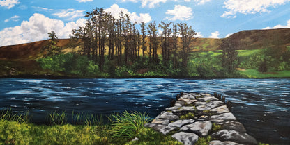 Oil_painting_of_a_stone_dock_leading_to_a_lake_framed_with_large_trees_rolling_hills_grass_and_reeds