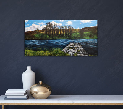 Oil_painting_of_a_stone_dock_leading_to_a_lake_framed_with_large_trees_rolling_hills_grass_and_reeds on a blue wall