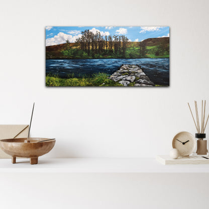 Oil_painting_of_a_stone_dock_leading_to_a_lake_framed_with_large_trees_rolling_hills_grass_and_reeds on a white wall