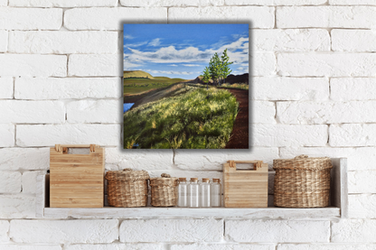 White brick wall with shelf of baskets and containers and a landscape painting hanging behind of a path going through the badlands