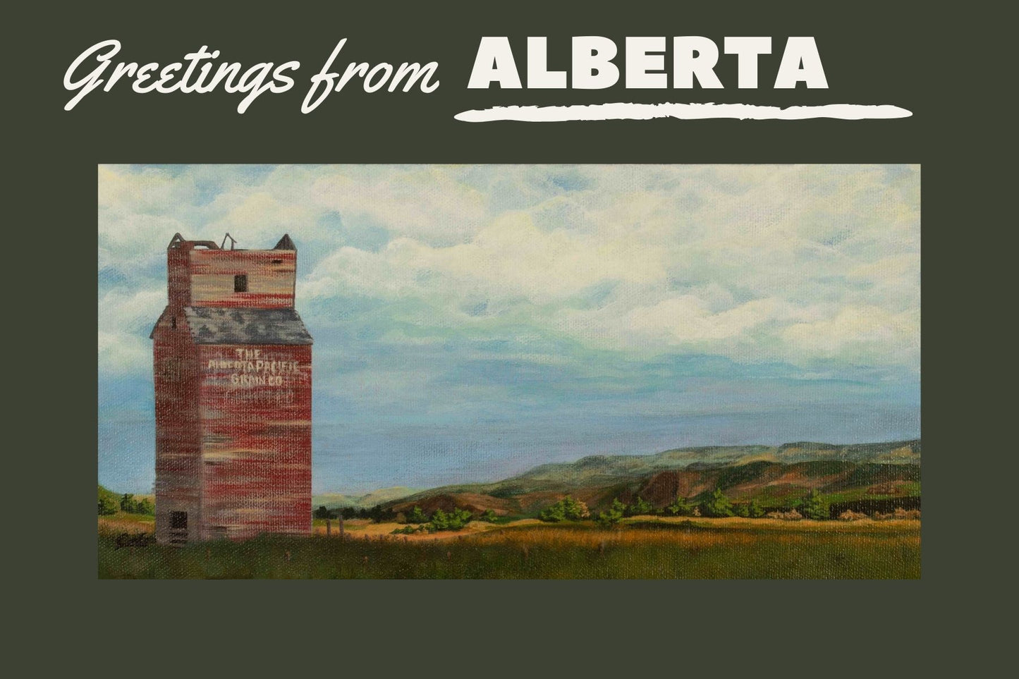 Greetings from Alberta postcard of Dorothy Grain Elevator