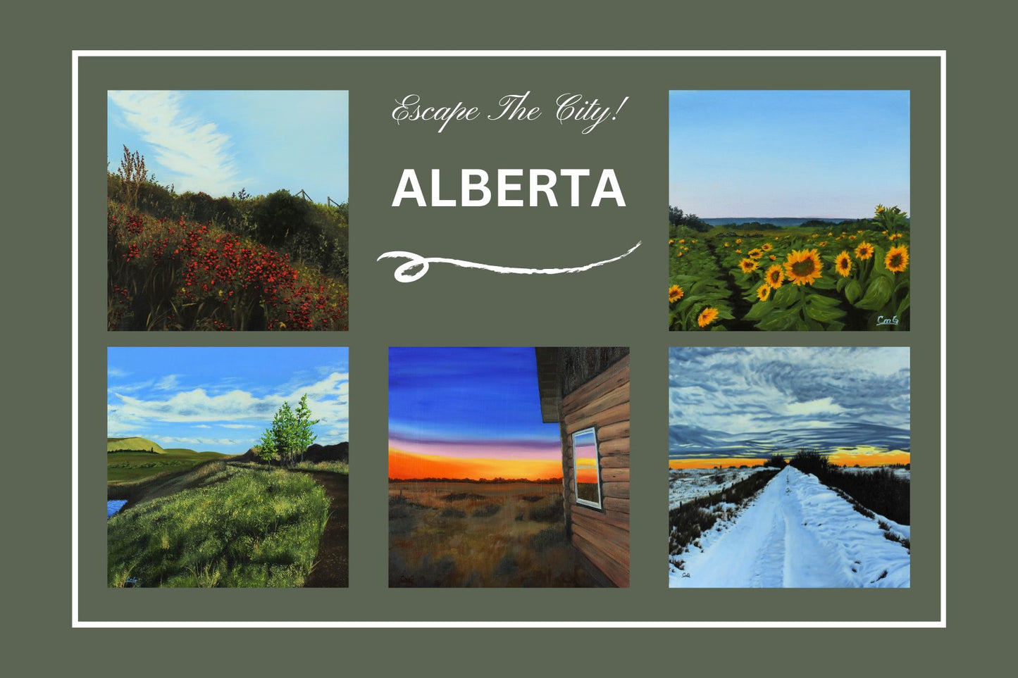 Escape The City postcard with 5 original landscape  paintings