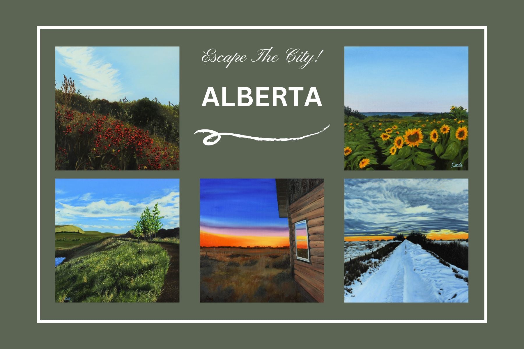 Escape The City postcard with 5 original landscape  paintings