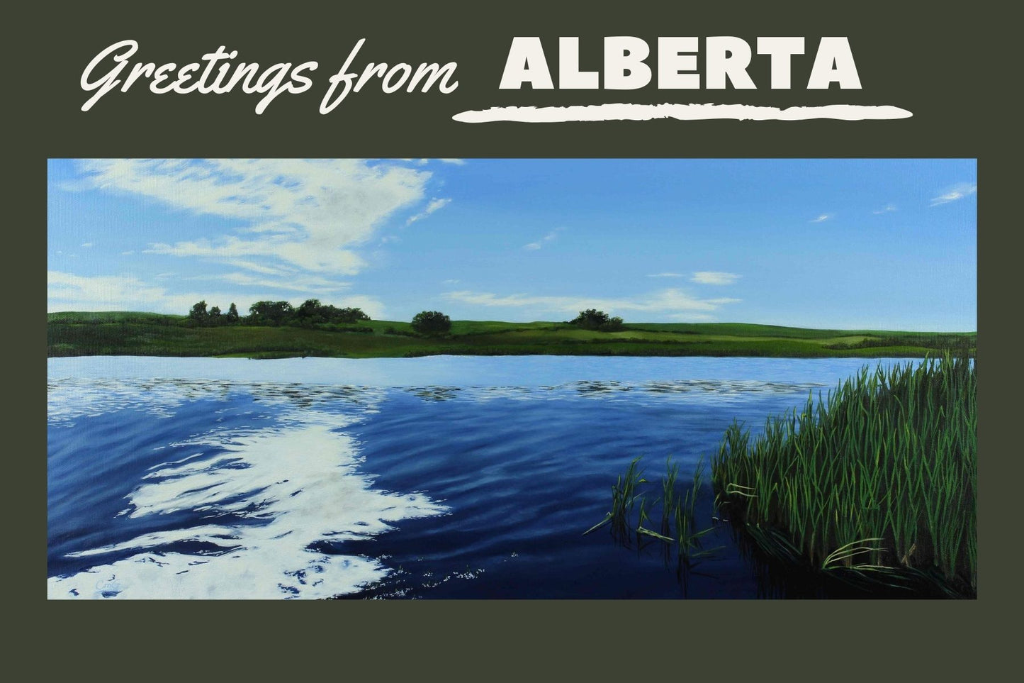 Greetings from Alberta postcard of original lake landscape painting