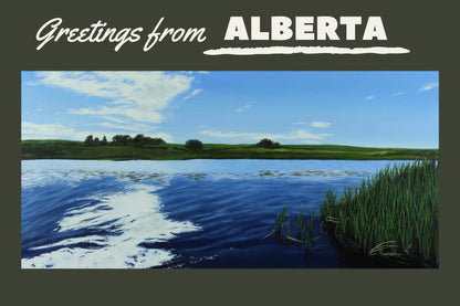 Greetings from Alberta postcard of original lake landscape painting