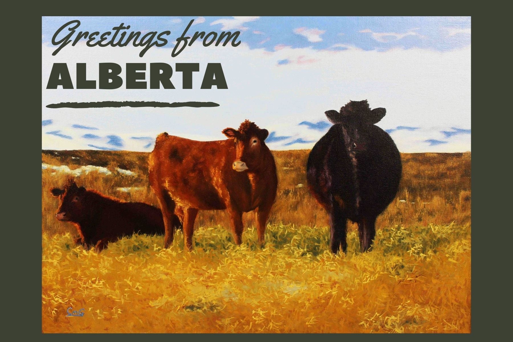Greetings from Alberta postcard of original cow landscape painting