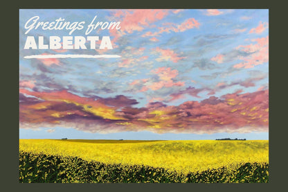 Greeting from Alberta Original Art postcard of Canola and sunset