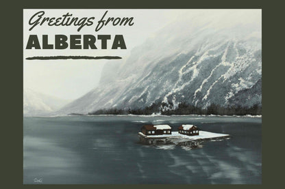 Greetings from Alberta Original Art postcard of lake Minnewanka